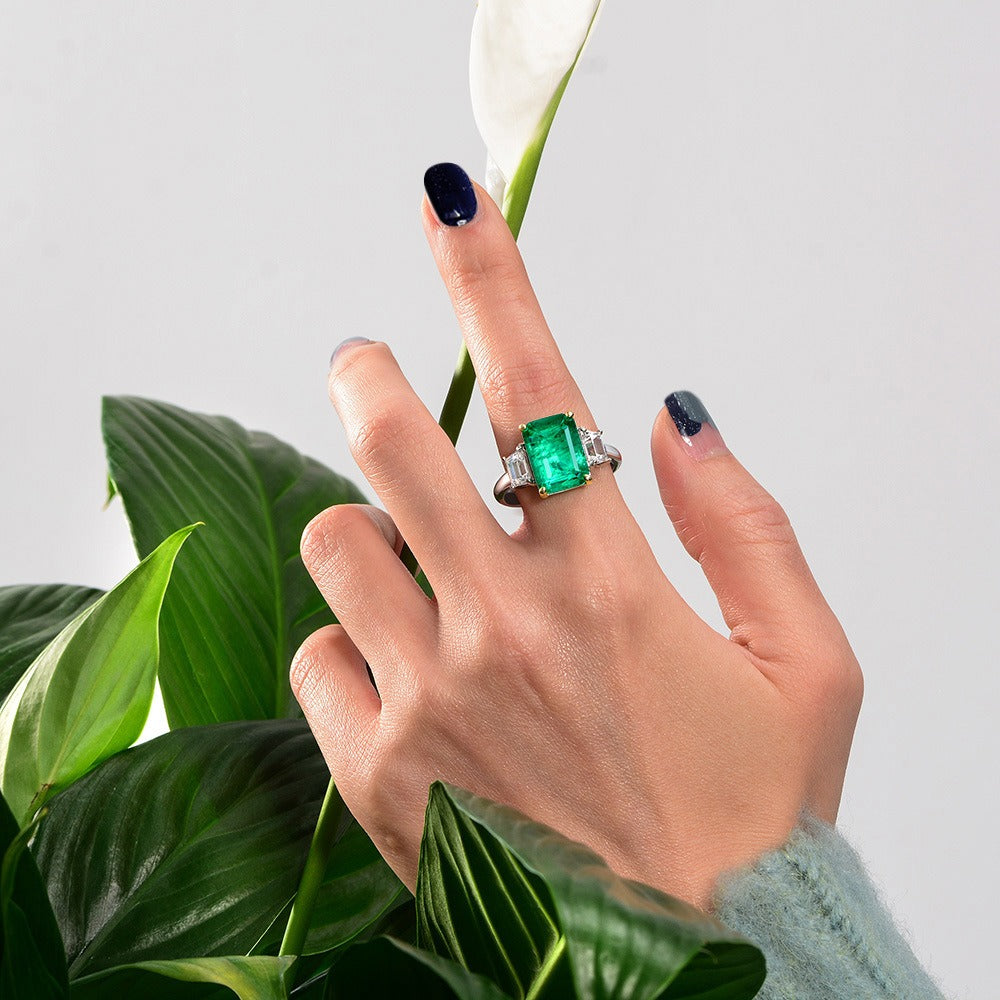 OliyaDesign New S925 Sterling Silver 8Ct Rectangular 10*14 Synthetic Emerald Ring