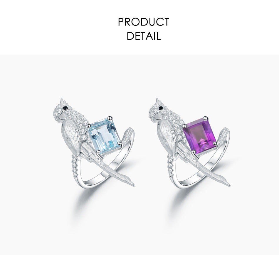 OliyaDesign Designer-Style, High-End Ring Featuring A Bird Design, Made Of S925 Sterling Silver And Set With Natural Amethyst.
