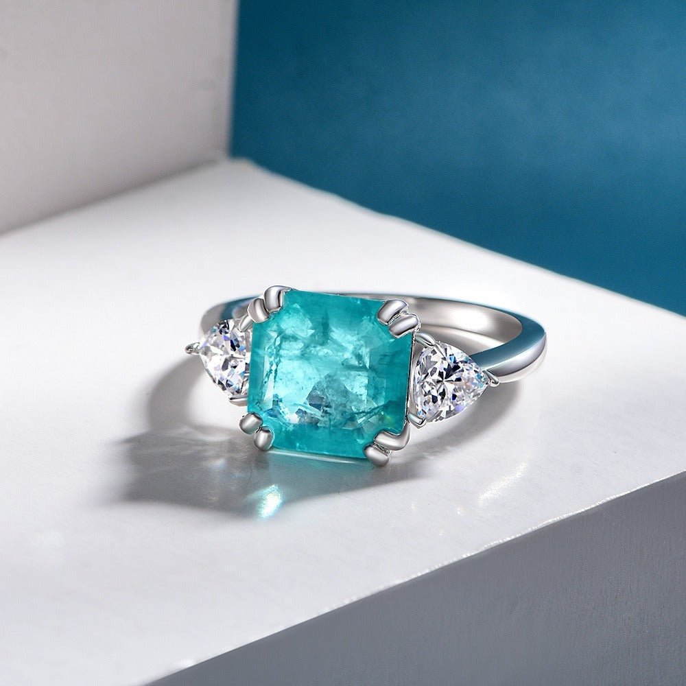 OliyaDesign 3.8-Carat Synthetic Paraiba Cube 10X10 Ascher High-Carbon Diamond 925 Silver Ring