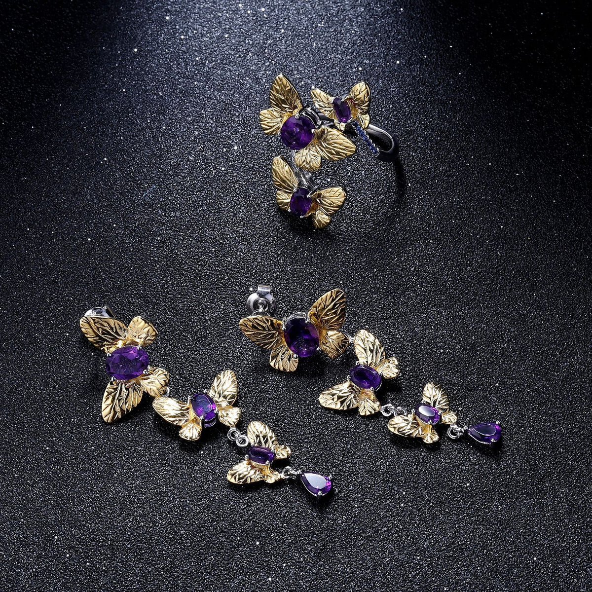 OliyaDesign Natural Butterfly Design 925 Sterling Silver Open Ring With Natural Amethyst