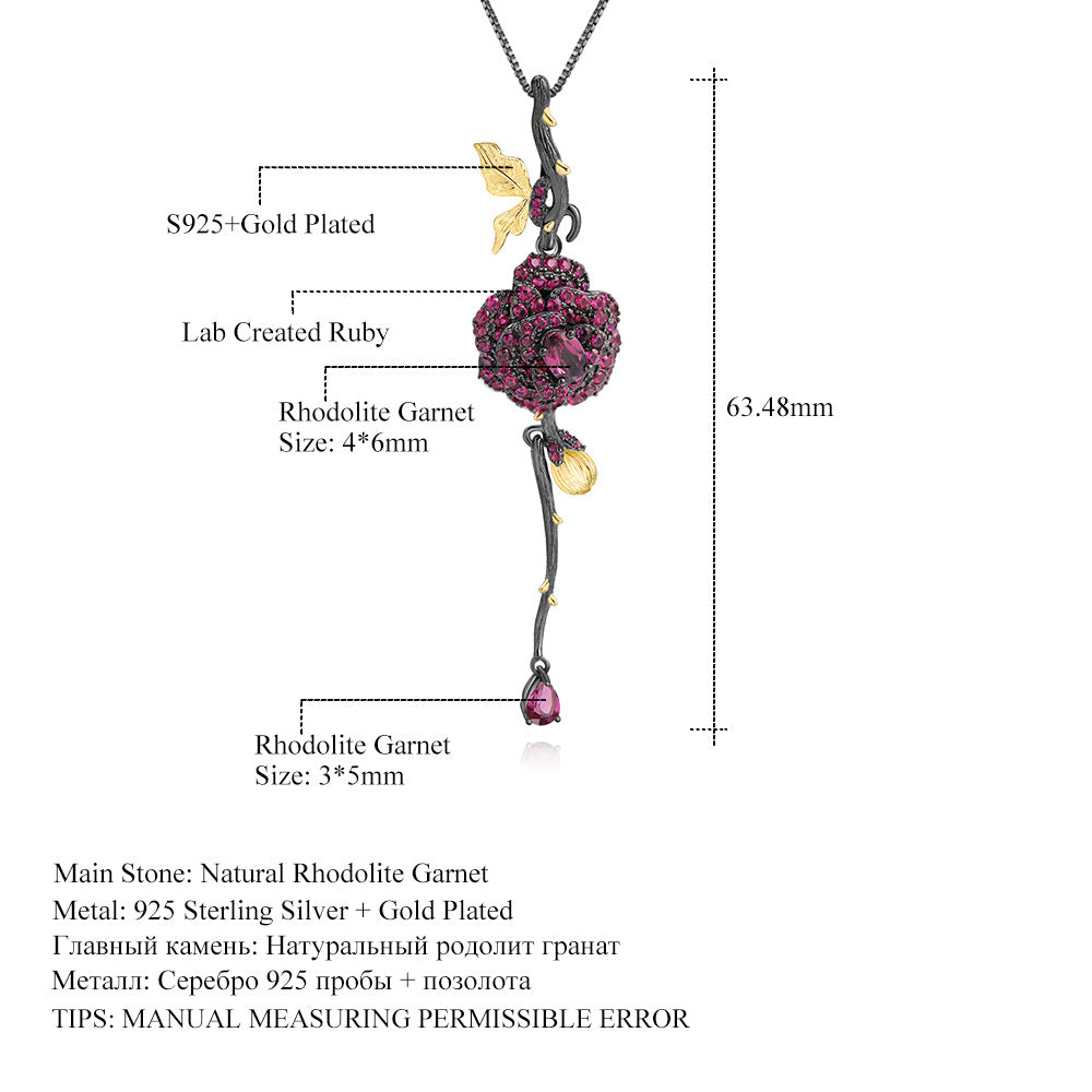 OliyaDesign Secret Garden Designer Natural Rose S925 Sterling Silver Natural Gemstone Clavicle Necklace