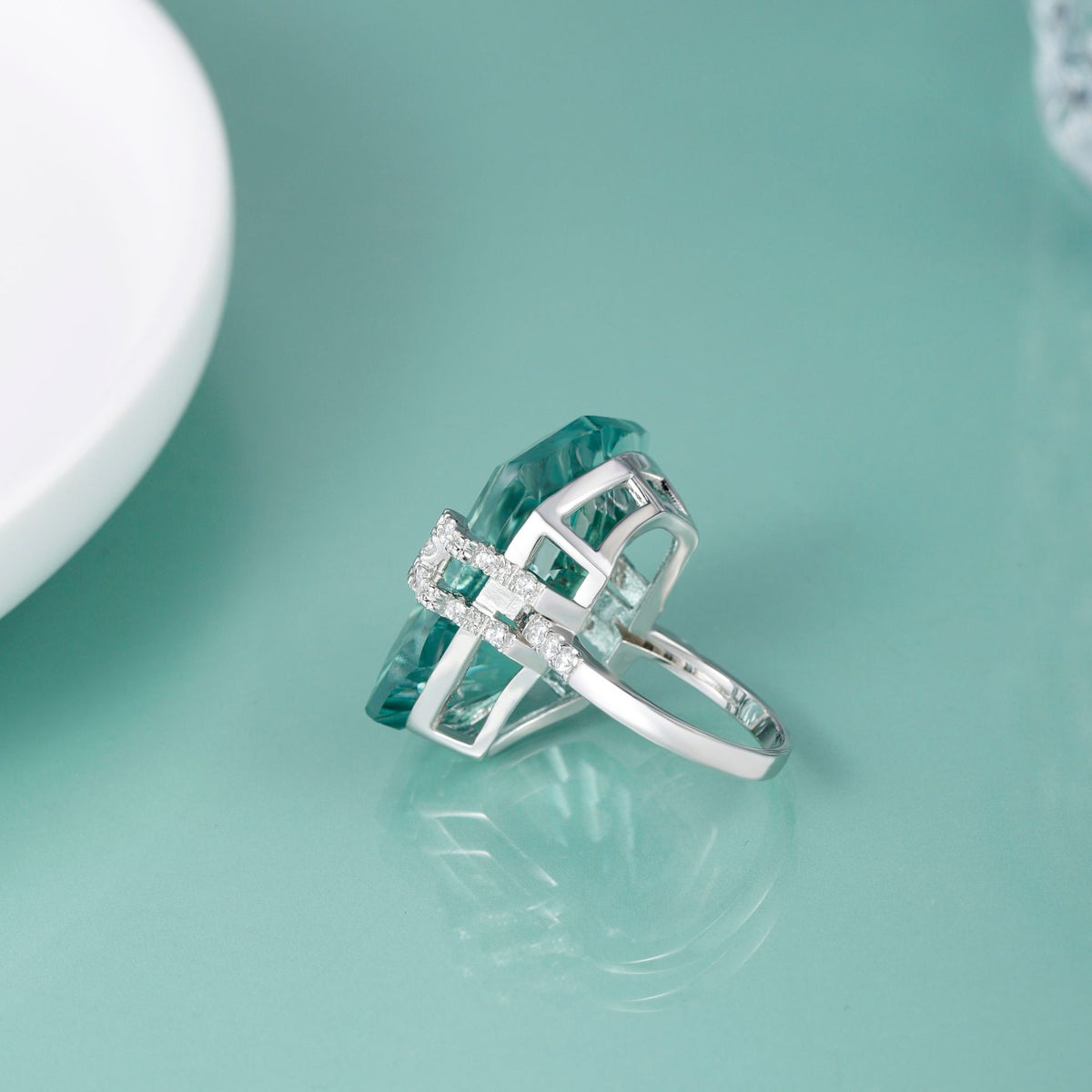 OliyaDesign S925 Sterling Silver Green Amethyst Ring, Irregular Shaped Large Carat Ring