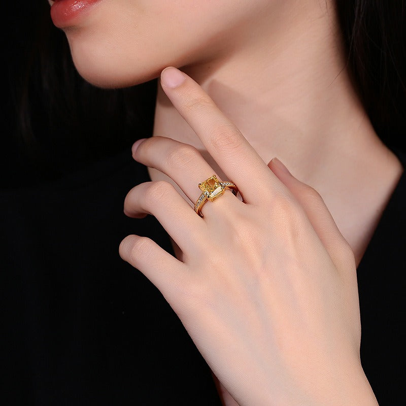 OliyaDesign Ice Flower Cut 925 Sterling Silver Yellow Diamond Square Women's Ring