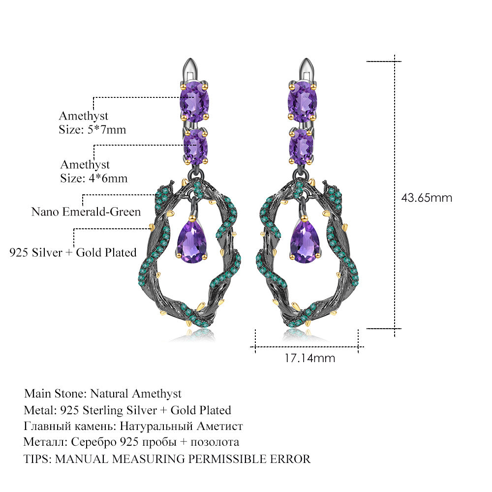 OliyaDesign Italian-Style Designer Earrings With Natural Amethyst And Vine Design In 925 Sterling Silver.