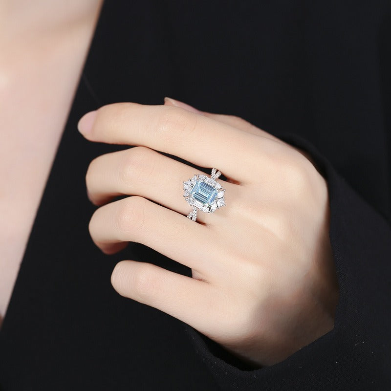 OliyaDesign High-Carbon Diamond Rectangular Sea-Blue S925 Sterling Silver Ring