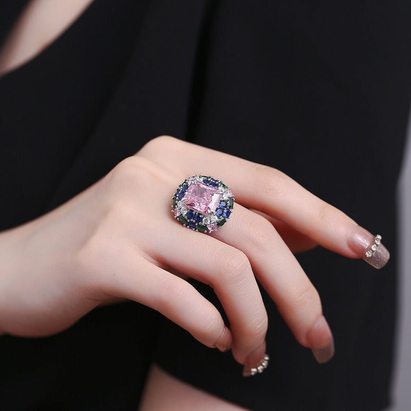 OliyaDesign 925 Sterling Silver Open-End Cherry Blossom Pink High Carbon Diamond 5-Carat Icy Flower Cut Fashion Diamond Ring
