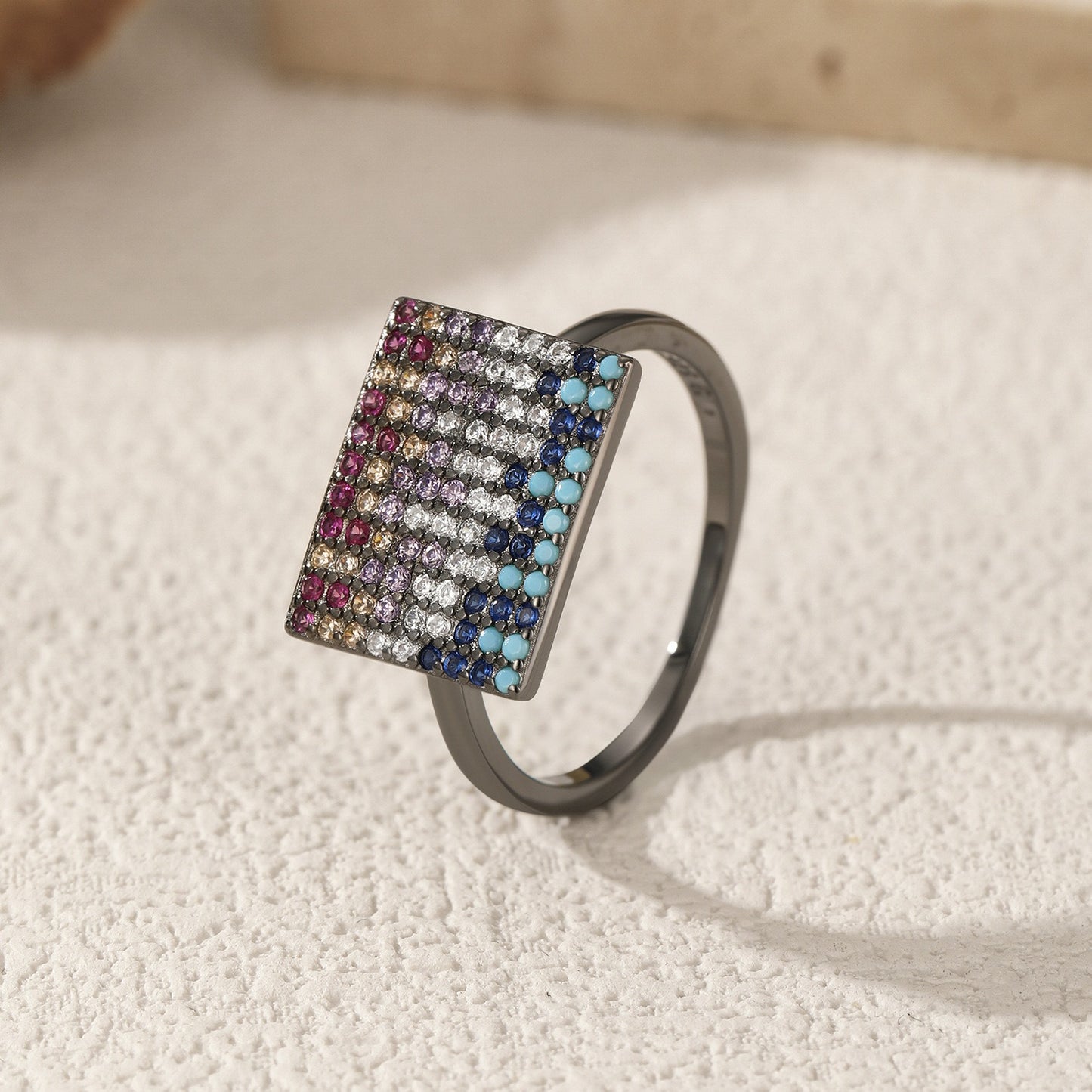 OliyaDesign S925 Sterling Silver Synthetic Turquoise Pixel-Style Full Diamond Ring