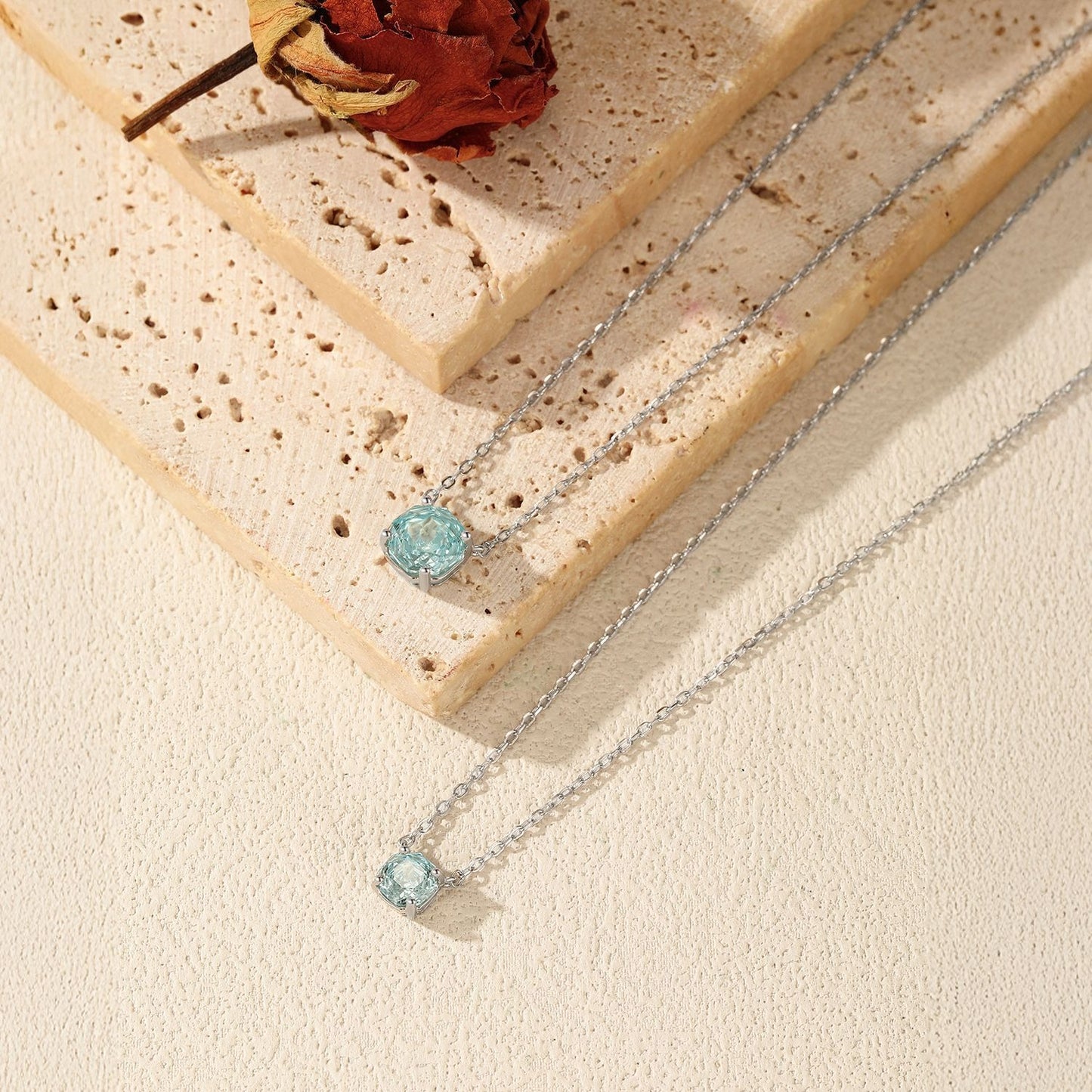 OliyaDesign S925 Sterling Silver Light Sea Blue Octagonal Rose-Cut Solo Diamond Necklace