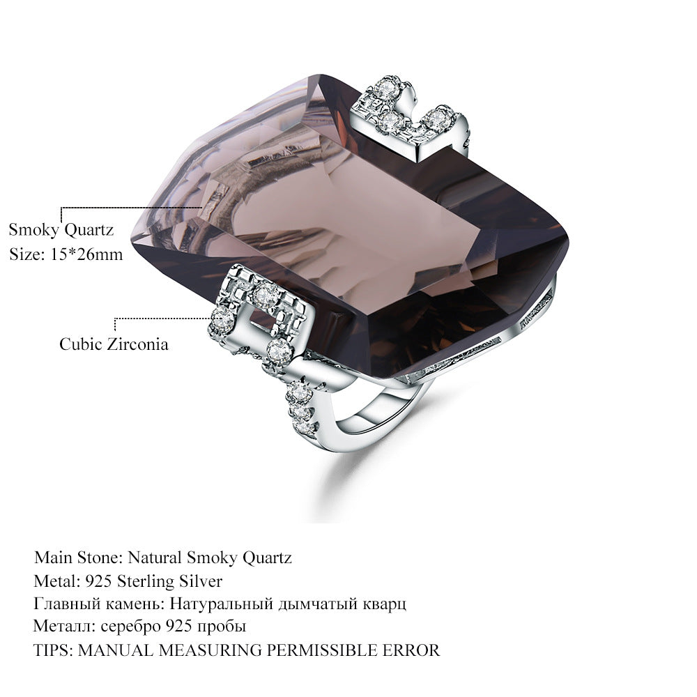 OliyaDesign Natural Smoky Quartz 925 Silver Irregular-Shaped Large Carat Natural Gemstone Ring