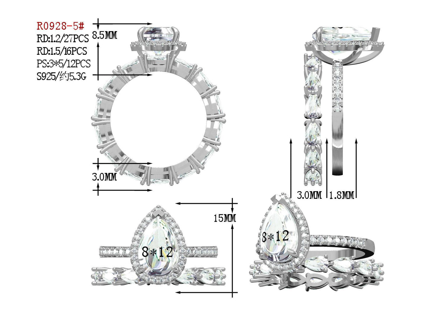 OliyaDesign Hot Selling High Carbon Diamond Ring 4-carat Set in Europe and America, Pear Shaped 8 * 12mm Redion Cut Ring
