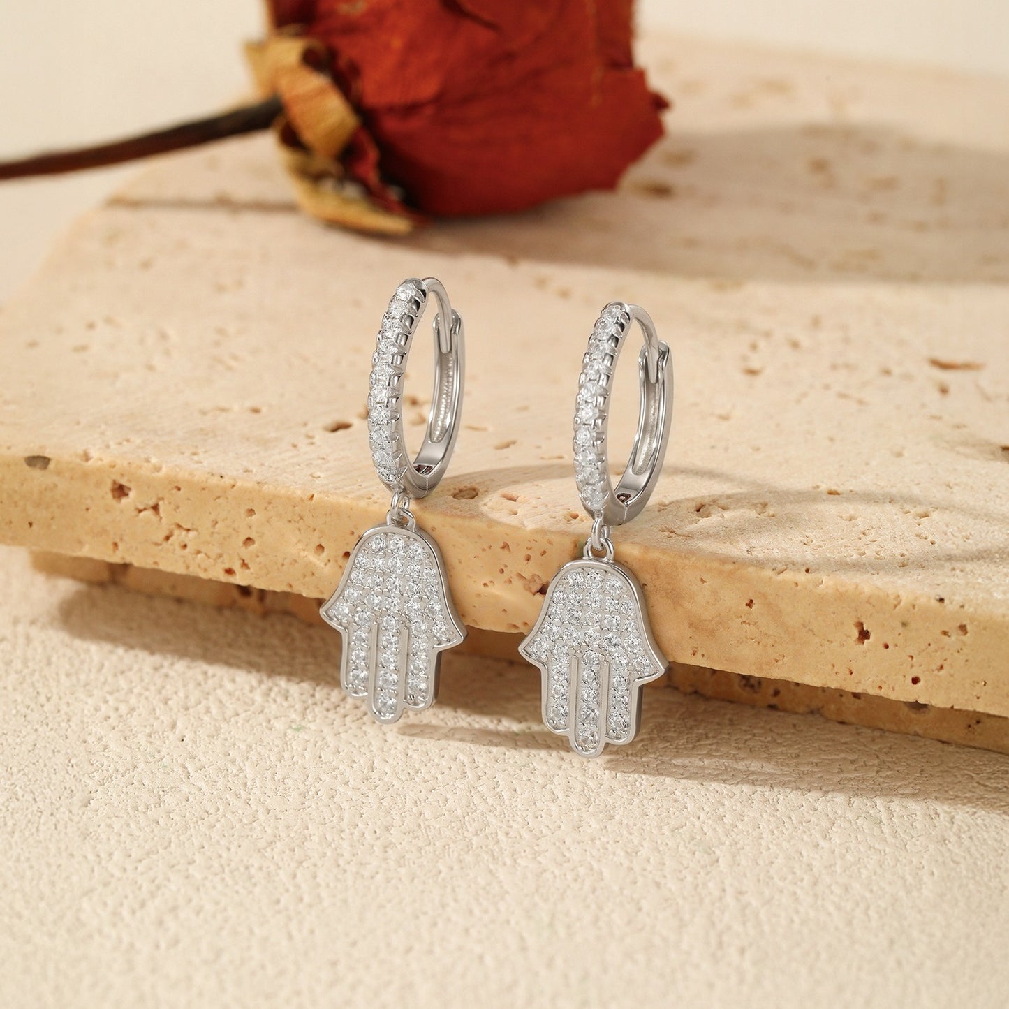 OliyaDesign S925 Sterling Silver Niche Design Luxury Diamond-Studded Palm Earrings