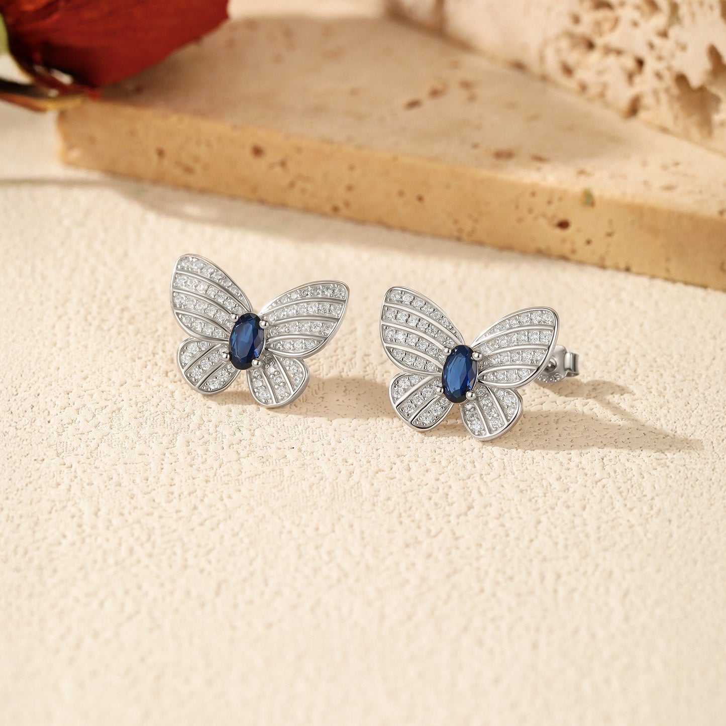 OliyaDesign S925 Sterling Silver Vintage Royal Blue Diamond Butterfly Earrings