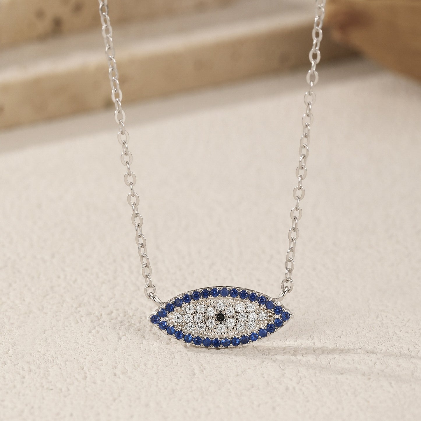 OliyaDesign S925 Sterling Silver Blue Cat's Eye Diamond Clavicle Necklace