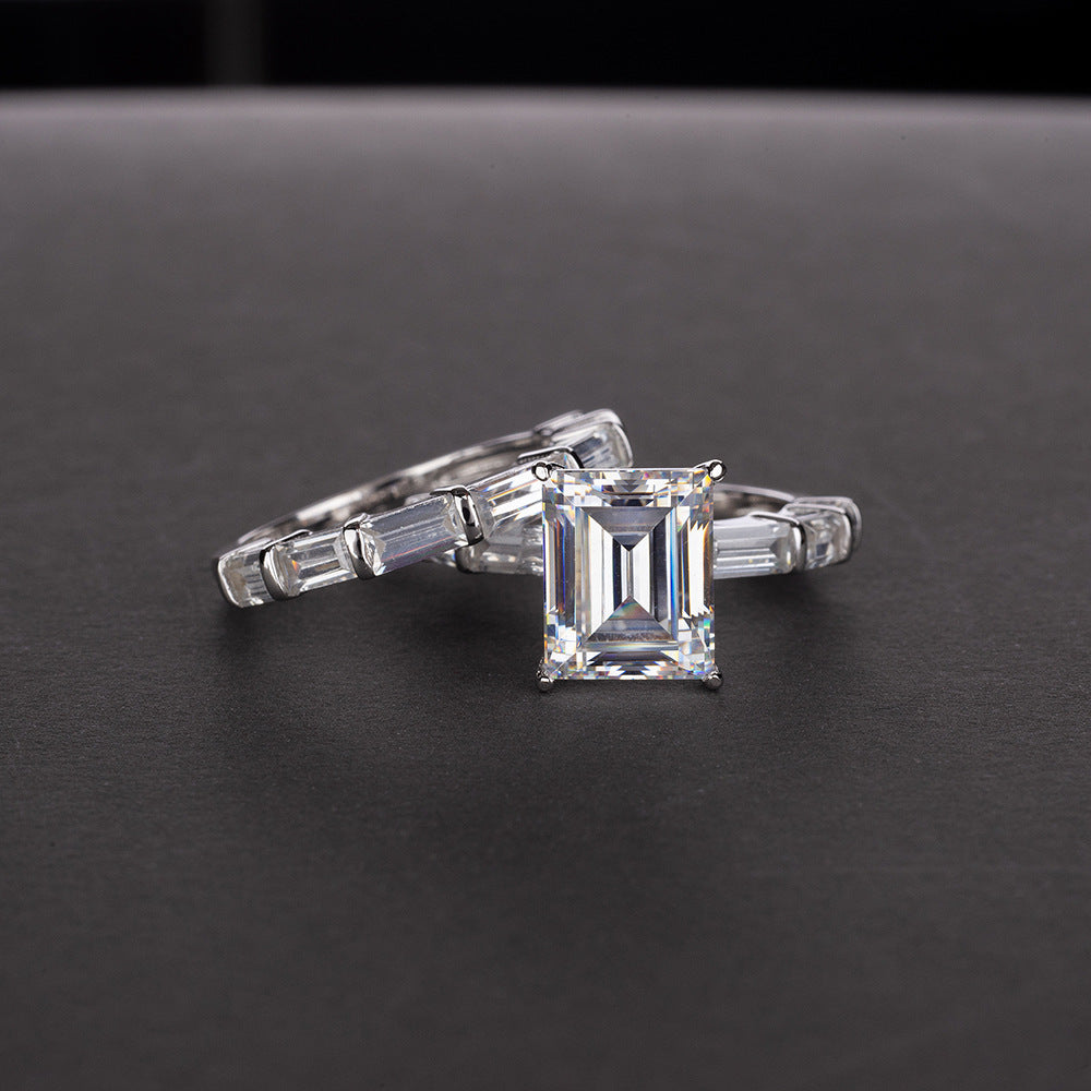 OliyaDesign S925 Sterling Silver 4-Carat Rectangular 8*10 Diamond Ring