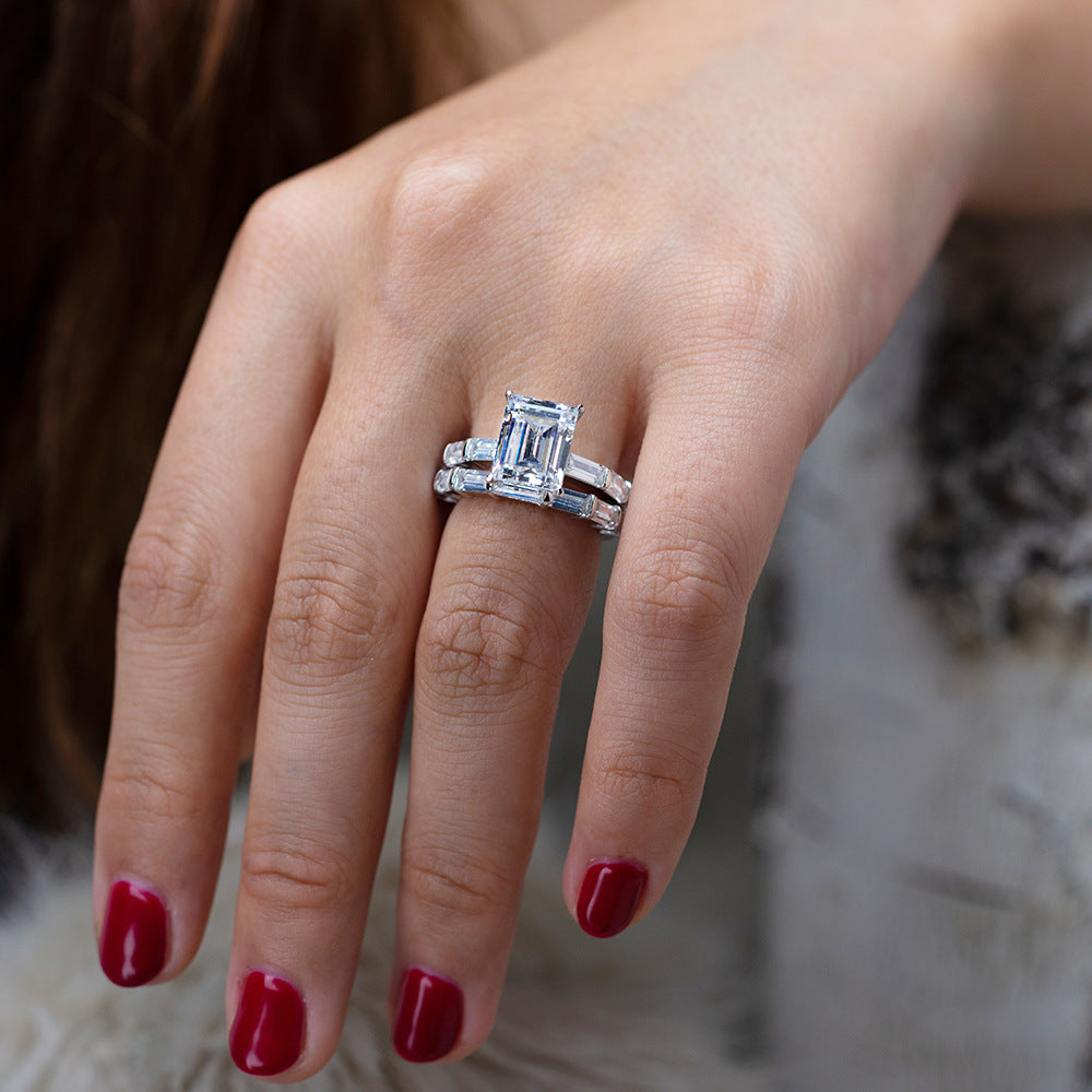 OliyaDesign S925 Sterling Silver 4-Carat Rectangular 8*10 Diamond Ring
