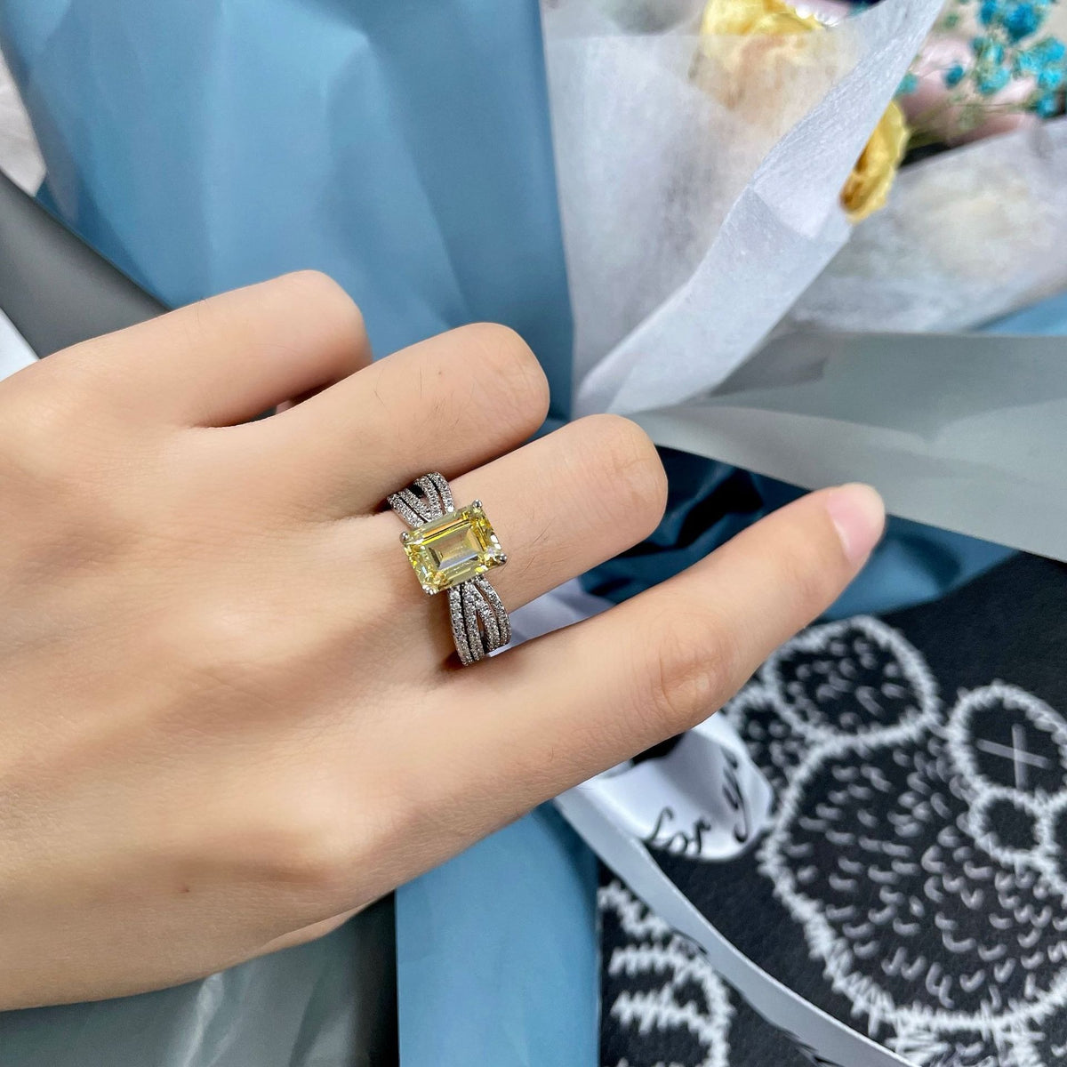 OliyaDesign 7*9mm 925 Sterling Silver Luxury 3-Carat Emerald Cut Rectangular Faceted Diamond Ring