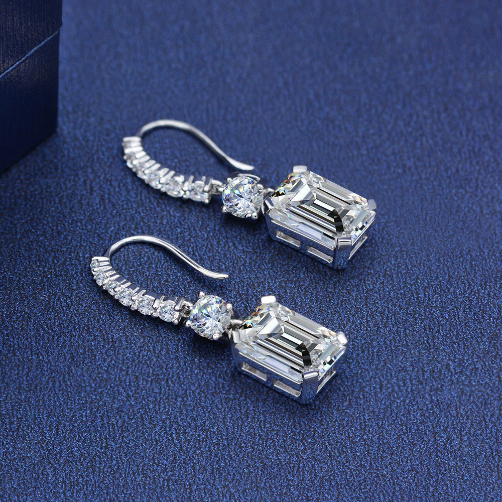 OliyaDesign 925 Sterling Silver 8*11 High Carbon Diamond Earrings, Rectangular Pagoda Cut, 4 Carat Ear Hook