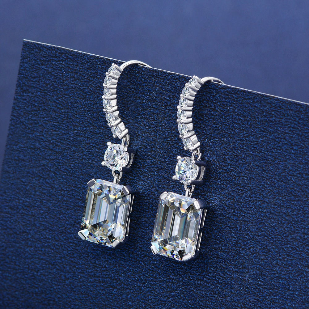 OliyaDesign 925 Sterling Silver 8*11 High Carbon Diamond Earrings, Rectangular Pagoda Cut, 4 Carat Ear Hook