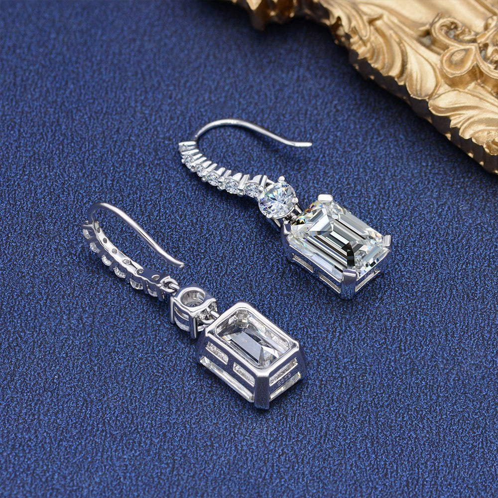 OliyaDesign 925 Sterling Silver 8*11 High Carbon Diamond Earrings, Rectangular Pagoda Cut, 4 Carat Ear Hook