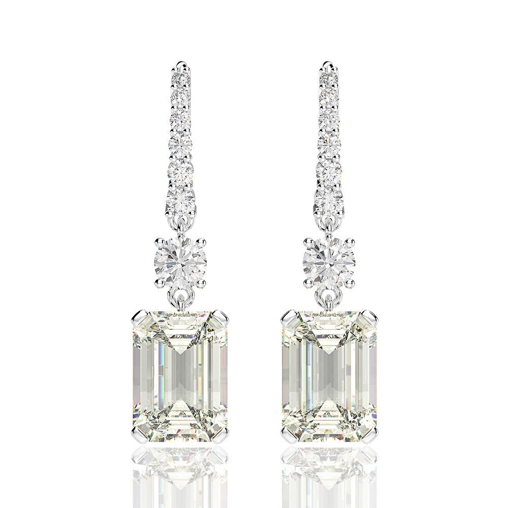 OliyaDesign 925 Sterling Silver 8*11 High Carbon Diamond Earrings, Rectangular Pagoda Cut, 4 Carat Ear Hook