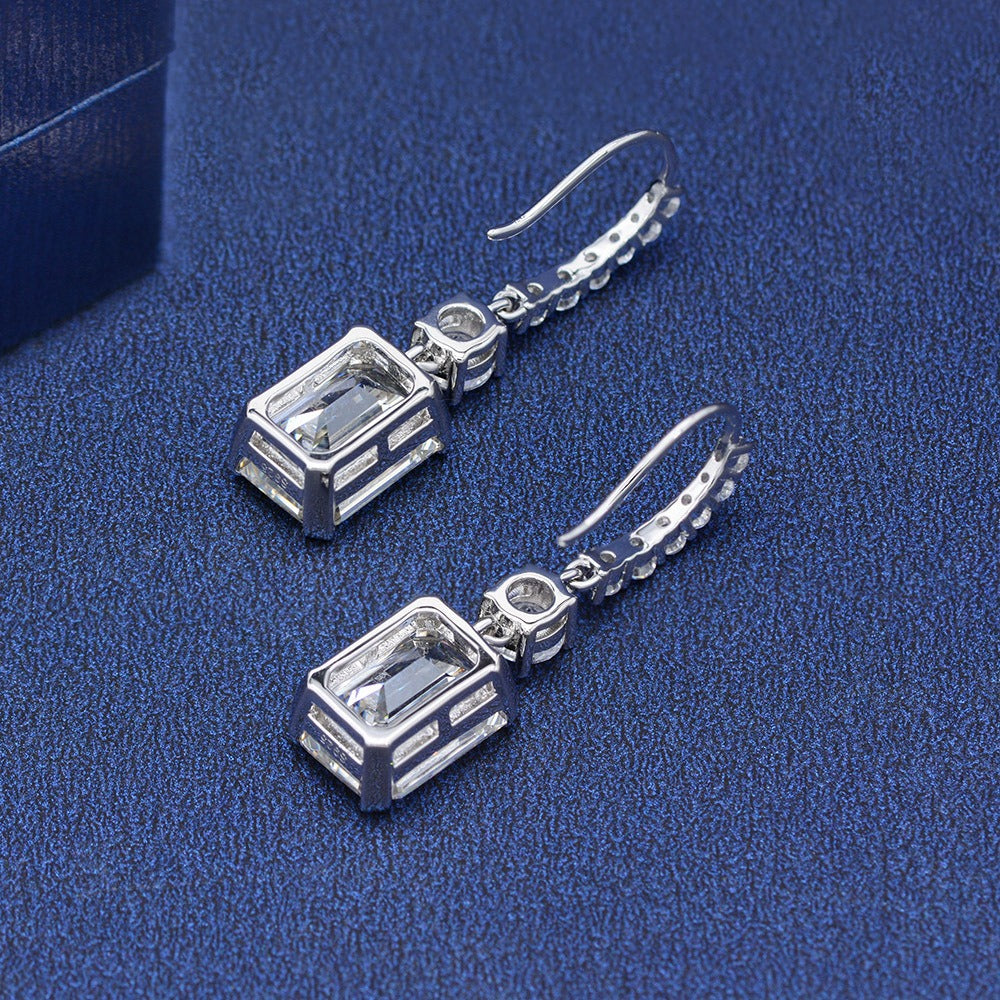 OliyaDesign 925 Sterling Silver 8*11 High Carbon Diamond Earrings, Rectangular Pagoda Cut, 4 Carat Ear Hook