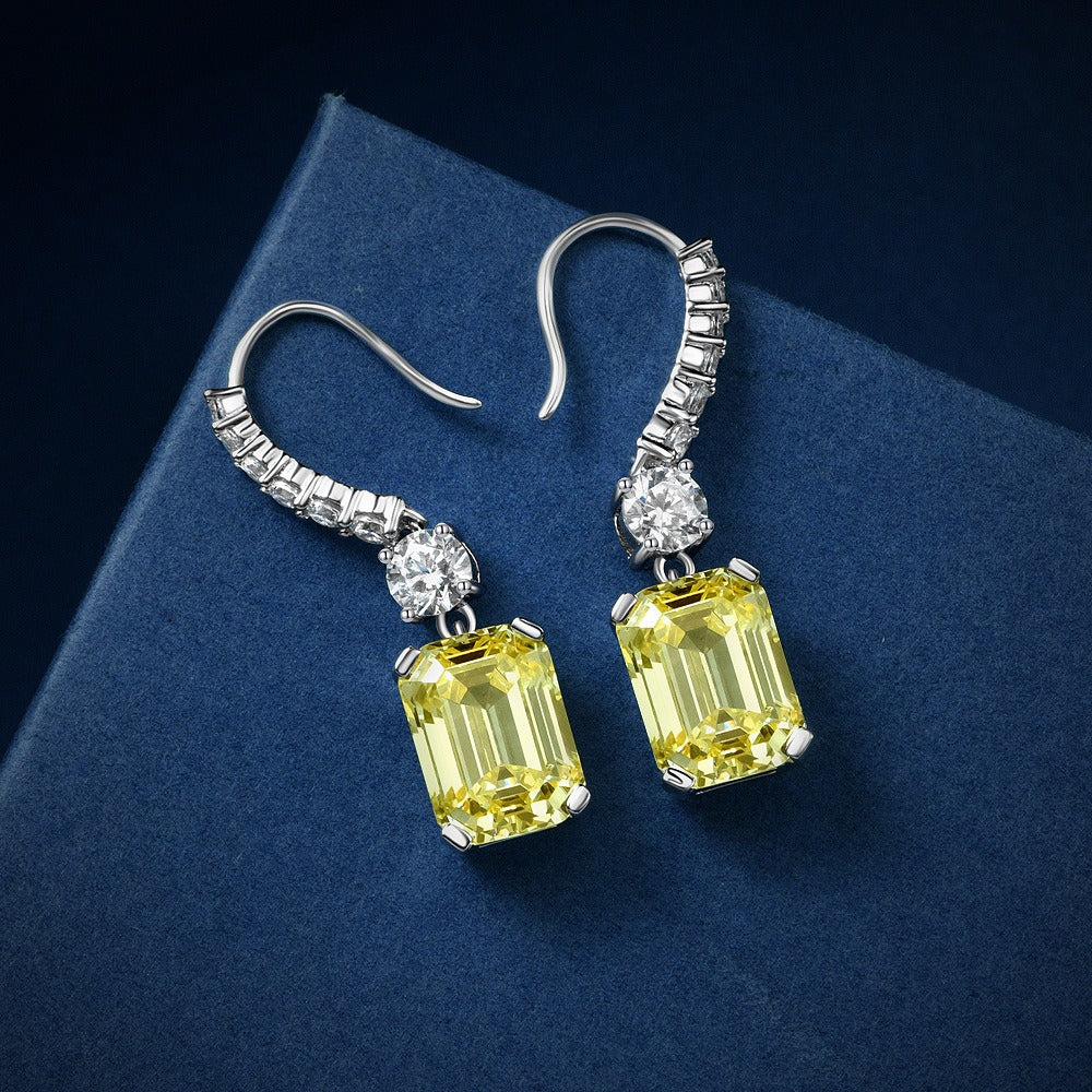 OliyaDesign 925 Sterling Silver 8*11 High Carbon Diamond Earrings, Rectangular Pagoda Cut, 4 Carat Ear Hook
