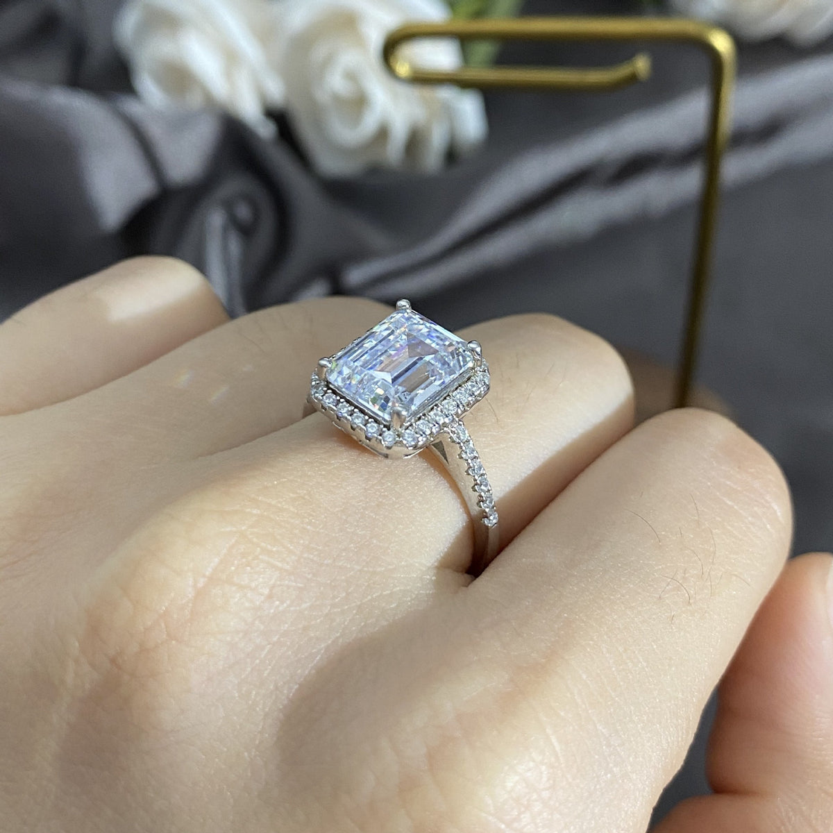 OliyaDesign Small Sugar Cube 8*10 High Carbon Diamond 4Ct 925 Sterling Silver Ring