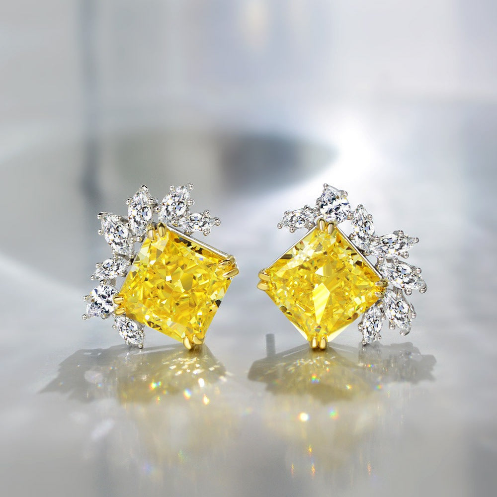 OliyaDesign S925 Sterling Silver Flower-Shaped Square 10*10Mm High Carbon Diamond Stud Earrings
