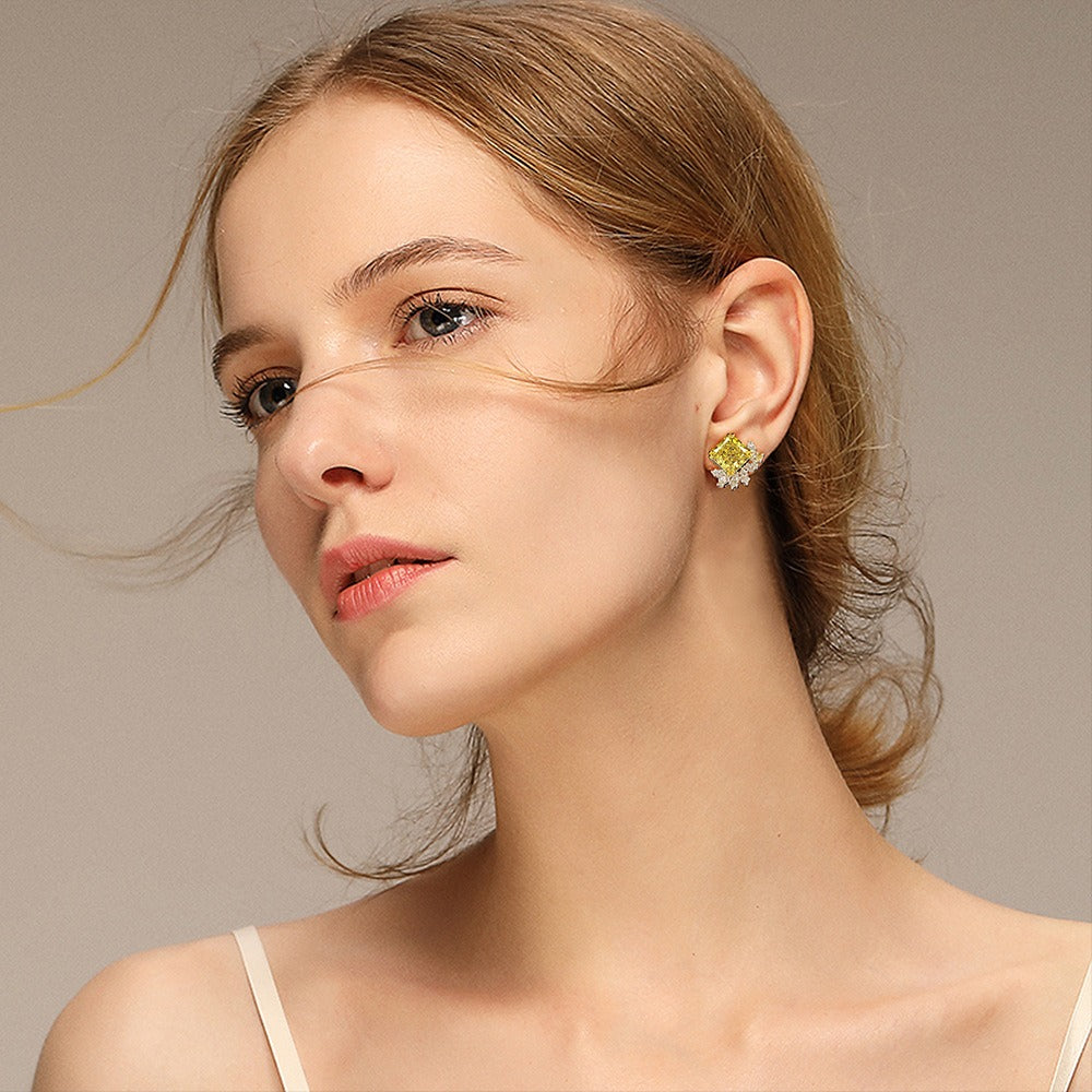 OliyaDesign S925 Sterling Silver Flower-Shaped Square 10*10Mm High Carbon Diamond Stud Earrings