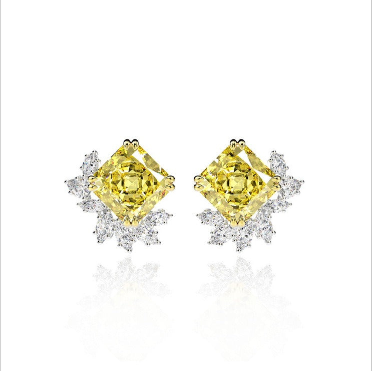 OliyaDesign S925 Sterling Silver Flower-Shaped Square 10*10Mm High Carbon Diamond Stud Earrings