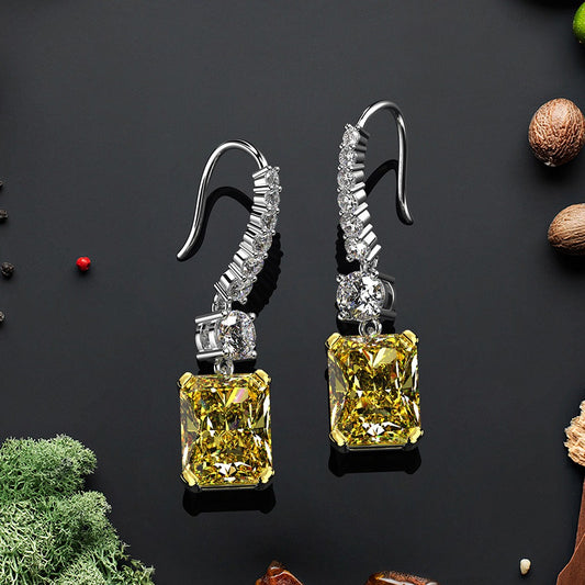 OliyaDesign 4Ct Yellow Rectangular 8*10 Ice-Cut High-Carbon Diamond Earrings