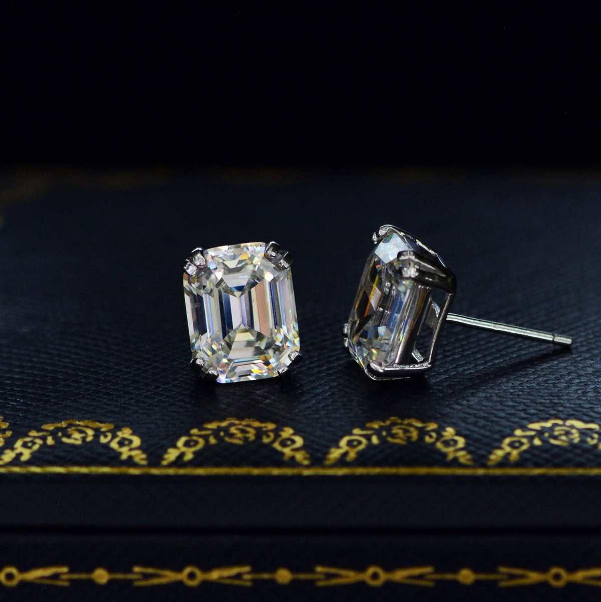 OliyaDesign 4Ct Aspergillus-Cut Rectangular Pagoda Earrings, 8*10 High-Carbon Diamonds, 925 Silver, G Color.
