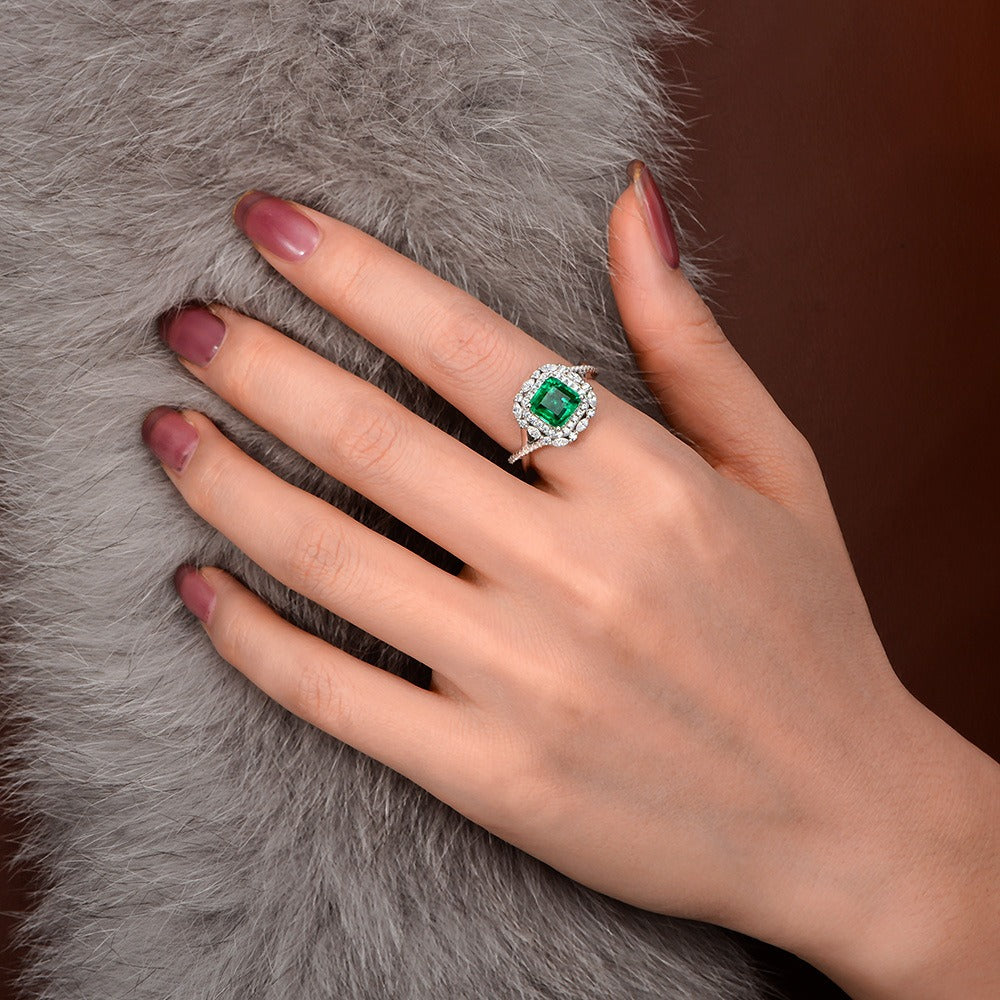 OliyaDesign 2Ct Synthetic Emerald 7X7 Diamond Ring