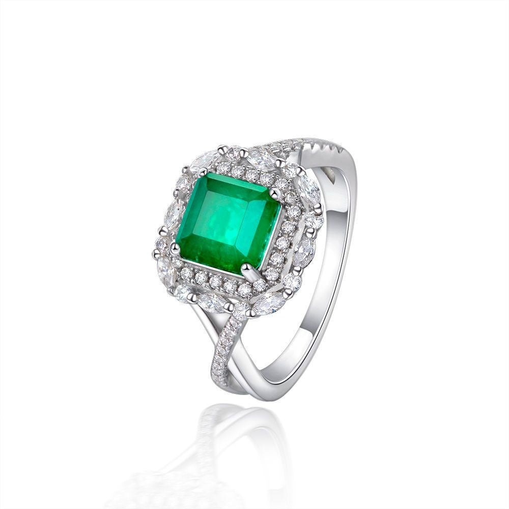 OliyaDesign 2Ct Synthetic Emerald 7X7 Diamond Ring
