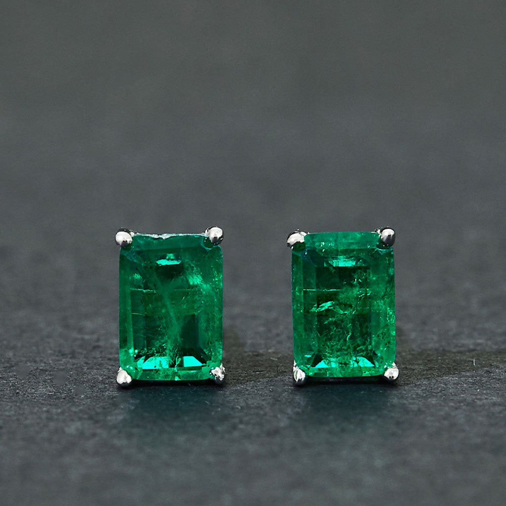 OliyaDesign 1Ct Rectangular 5*7 Cm Synthetic Emerald 925 Silver Earrings
