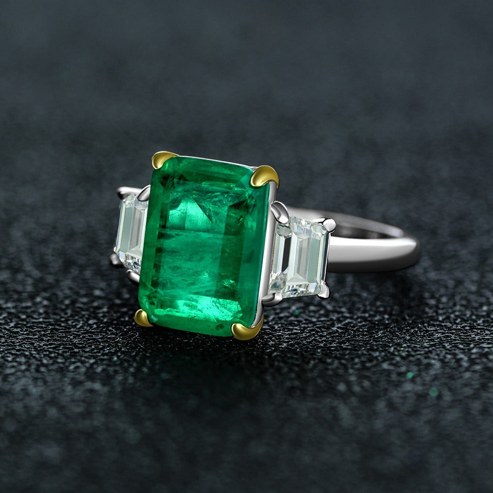OliyaDesign New S925 Sterling Silver 8Ct Rectangular 10*14 Synthetic Emerald Ring
