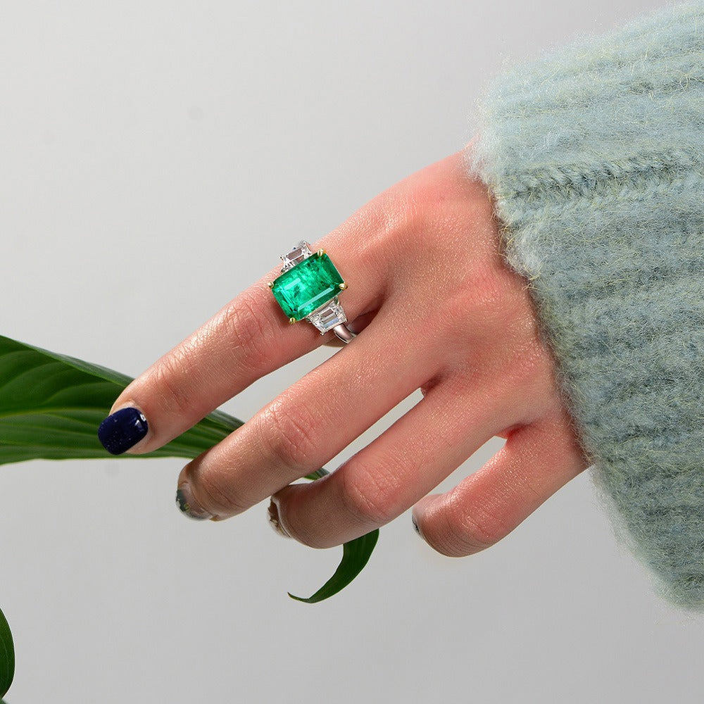 OliyaDesign New S925 Sterling Silver 8Ct Rectangular 10*14 Synthetic Emerald Ring