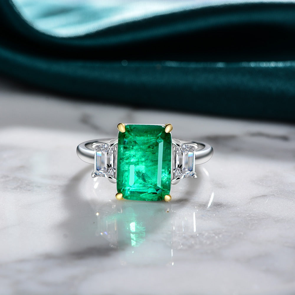 OliyaDesign New S925 Sterling Silver 8Ct Rectangular 10*14 Synthetic Emerald Ring