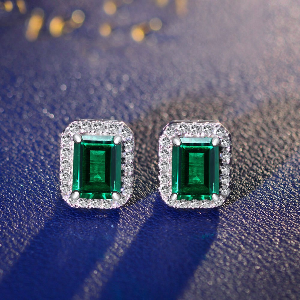 OliyaDesign 2Ct Zambian Cultured Emerald, 6*8Mm S925 Silver Earrings