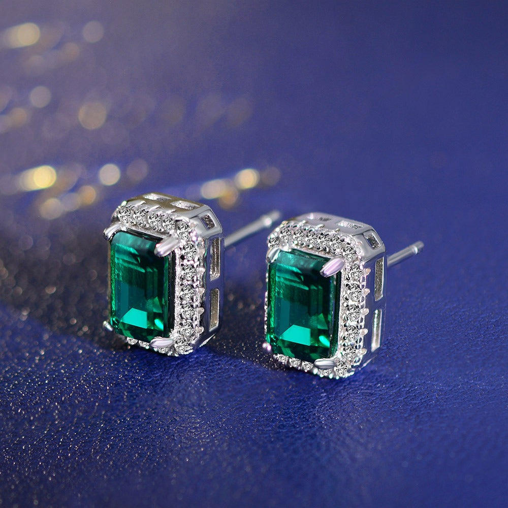 OliyaDesign 2Ct Zambian Cultured Emerald, 6*8Mm S925 Silver Earrings