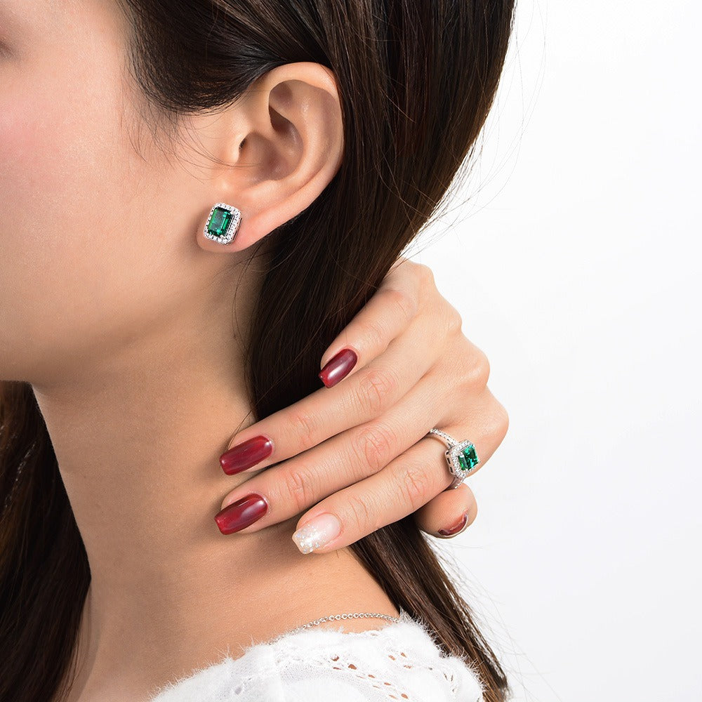 OliyaDesign 2Ct Zambian Cultured Emerald, 6*8Mm S925 Silver Earrings
