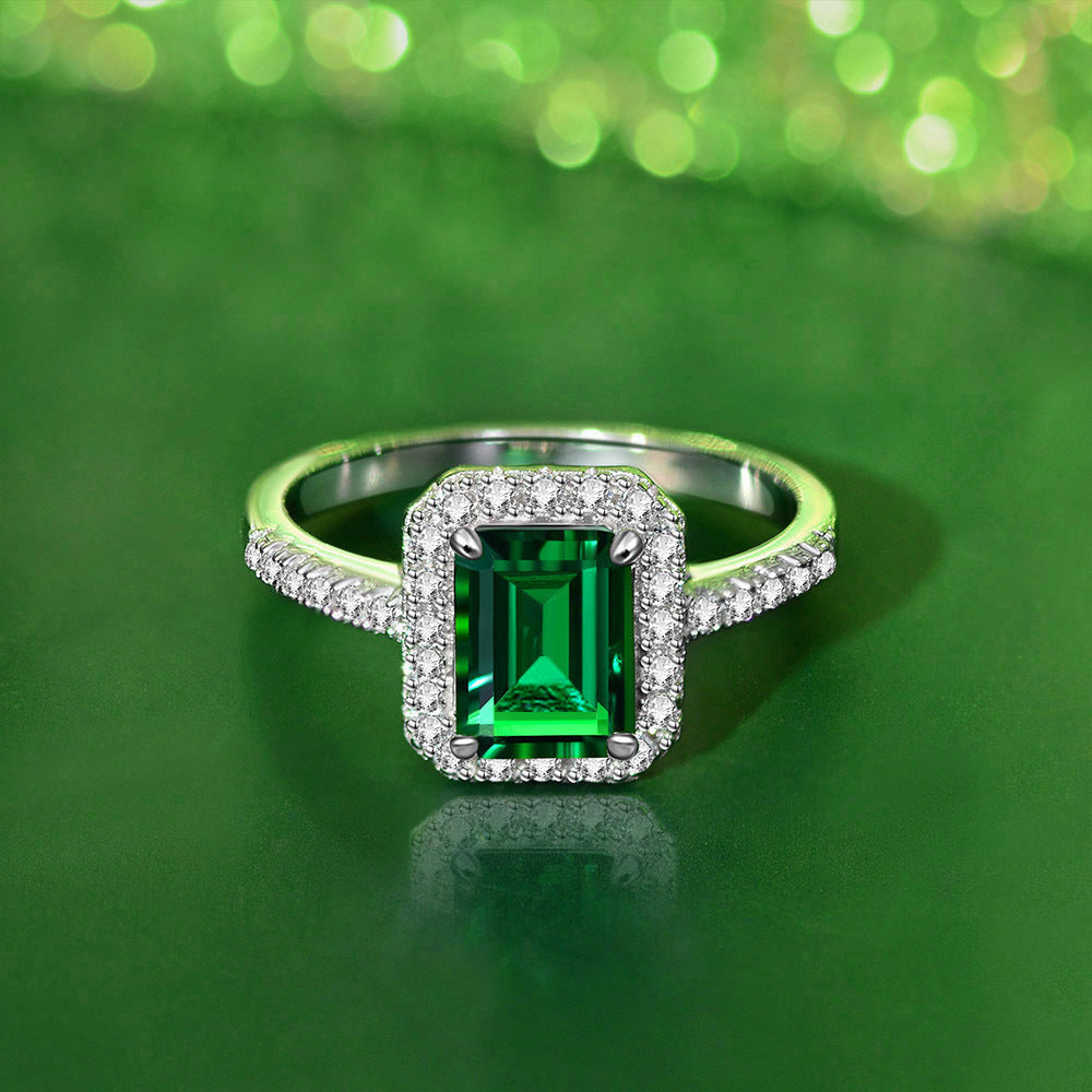 OliyaDesign New S925 Sterling Silver Ring With 1.5Ct Cultured Emerald 6*8 Ring
