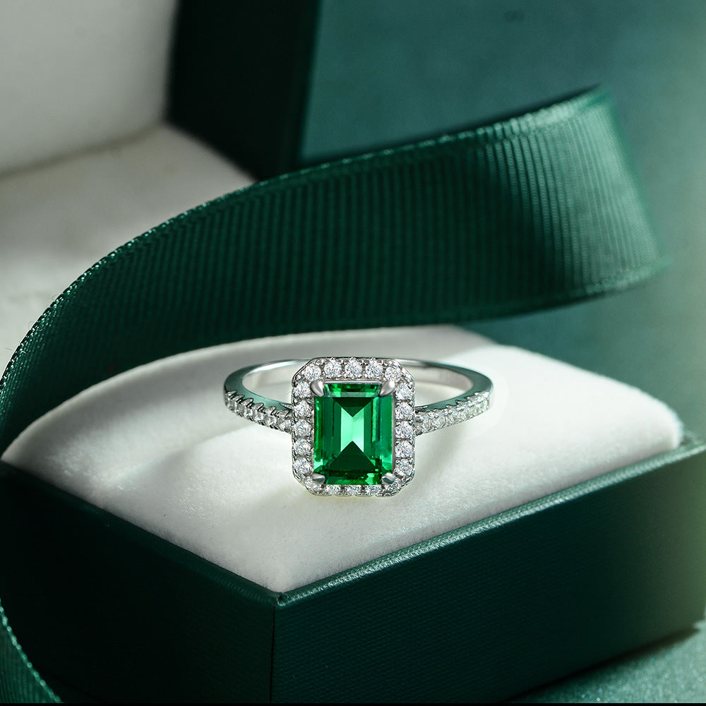 OliyaDesign New S925 Sterling Silver Ring With 1.5Ct Cultured Emerald 6*8 Ring