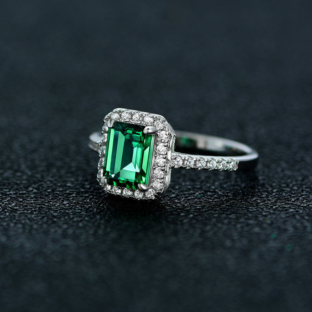 OliyaDesign New S925 Sterling Silver Ring With 1.5Ct Cultured Emerald 6*8 Ring