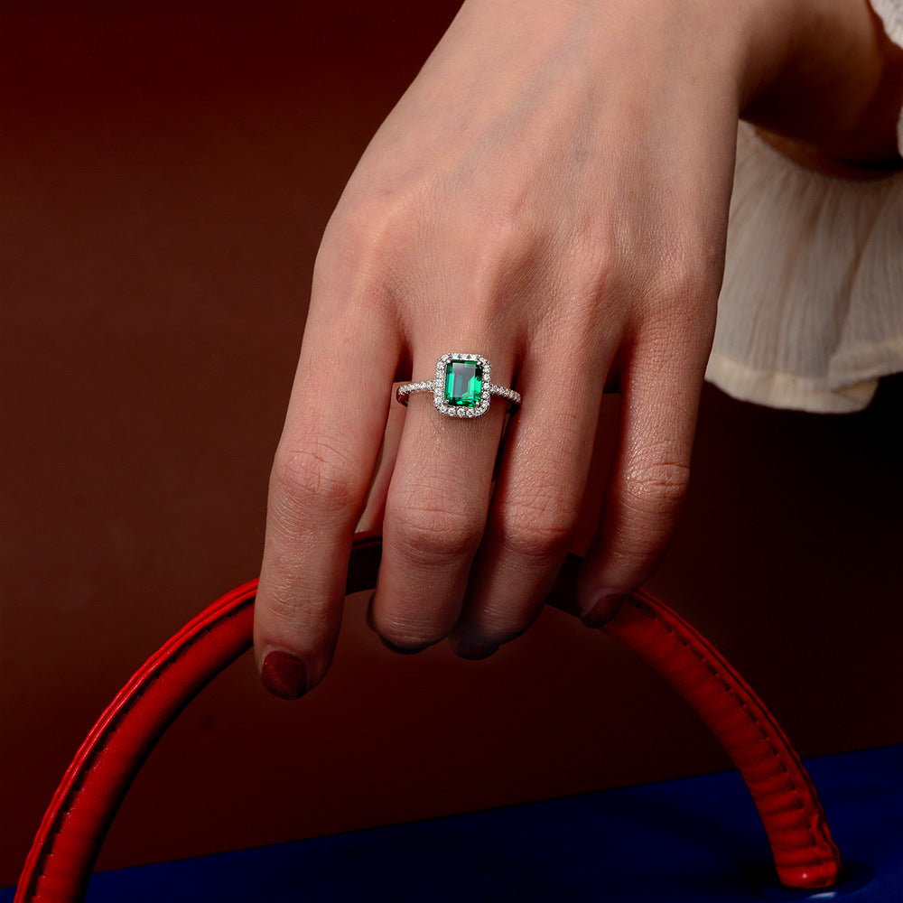 OliyaDesign New S925 Sterling Silver Ring With 1.5Ct Cultured Emerald 6*8 Ring
