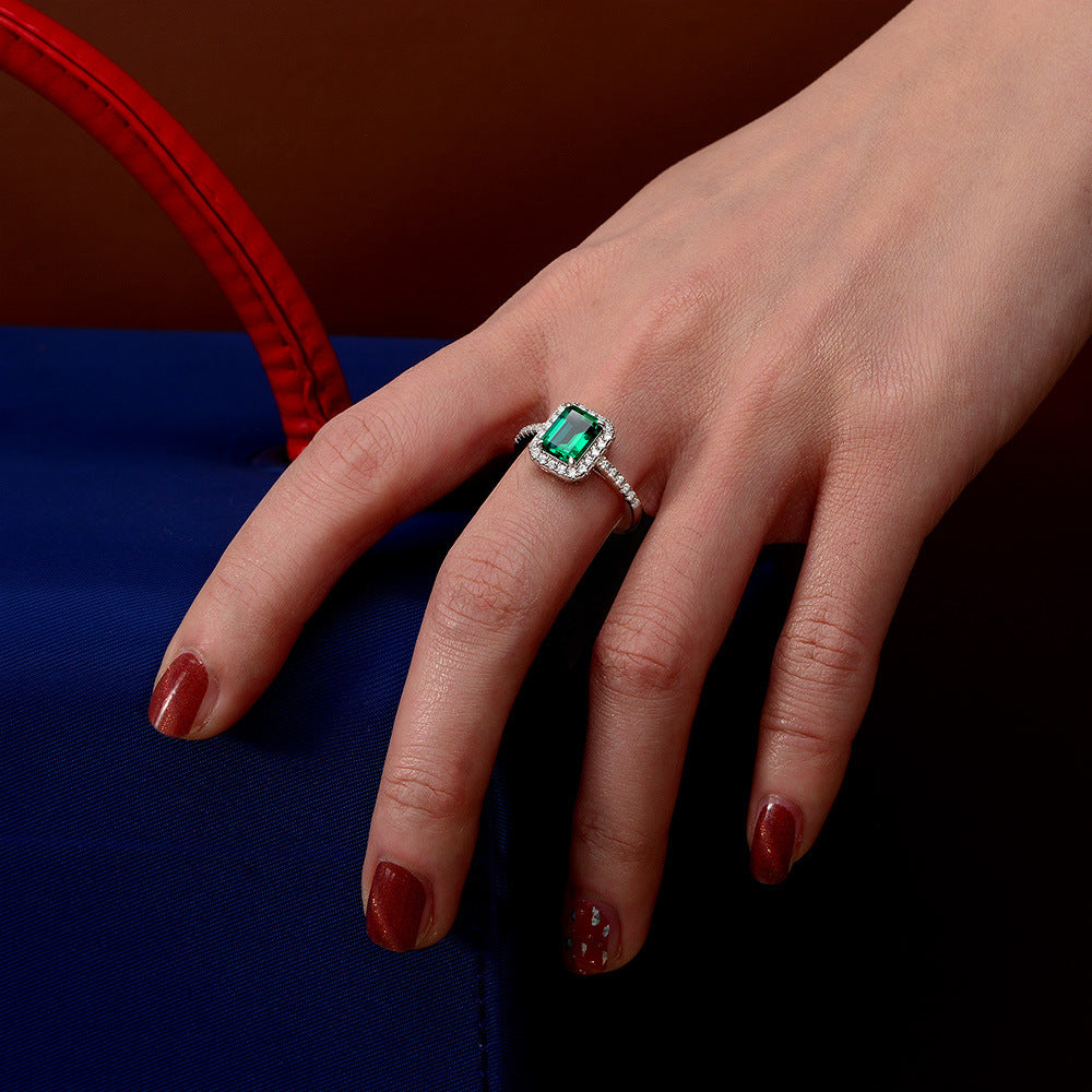 OliyaDesign New S925 Sterling Silver Ring With 1.5Ct Cultured Emerald 6*8 Ring