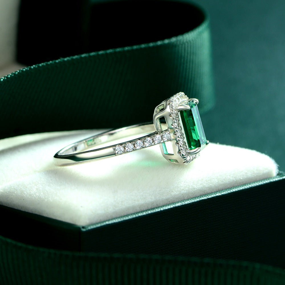 OliyaDesign New S925 Sterling Silver Ring With 1.5Ct Cultured Emerald 6*8 Ring