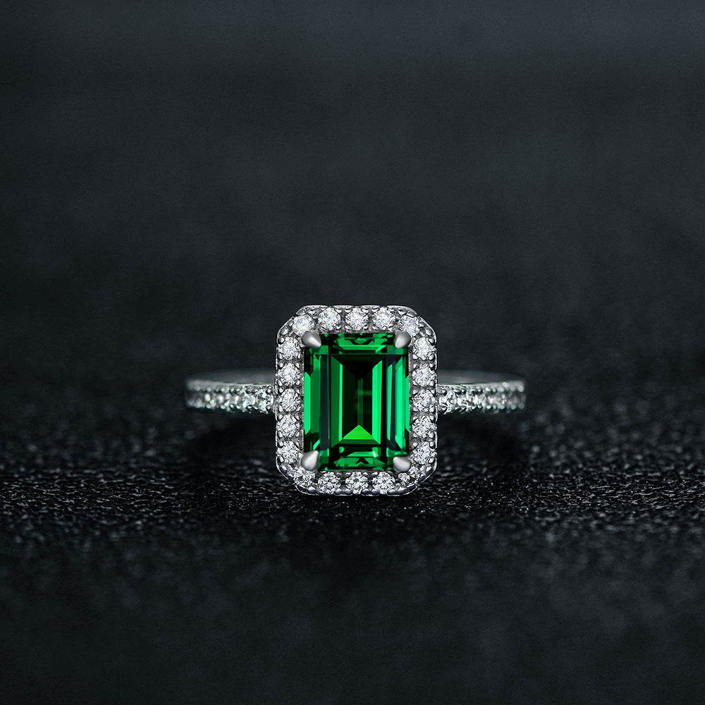 OliyaDesign New S925 Sterling Silver Ring With 1.5Ct Cultured Emerald 6*8 Ring