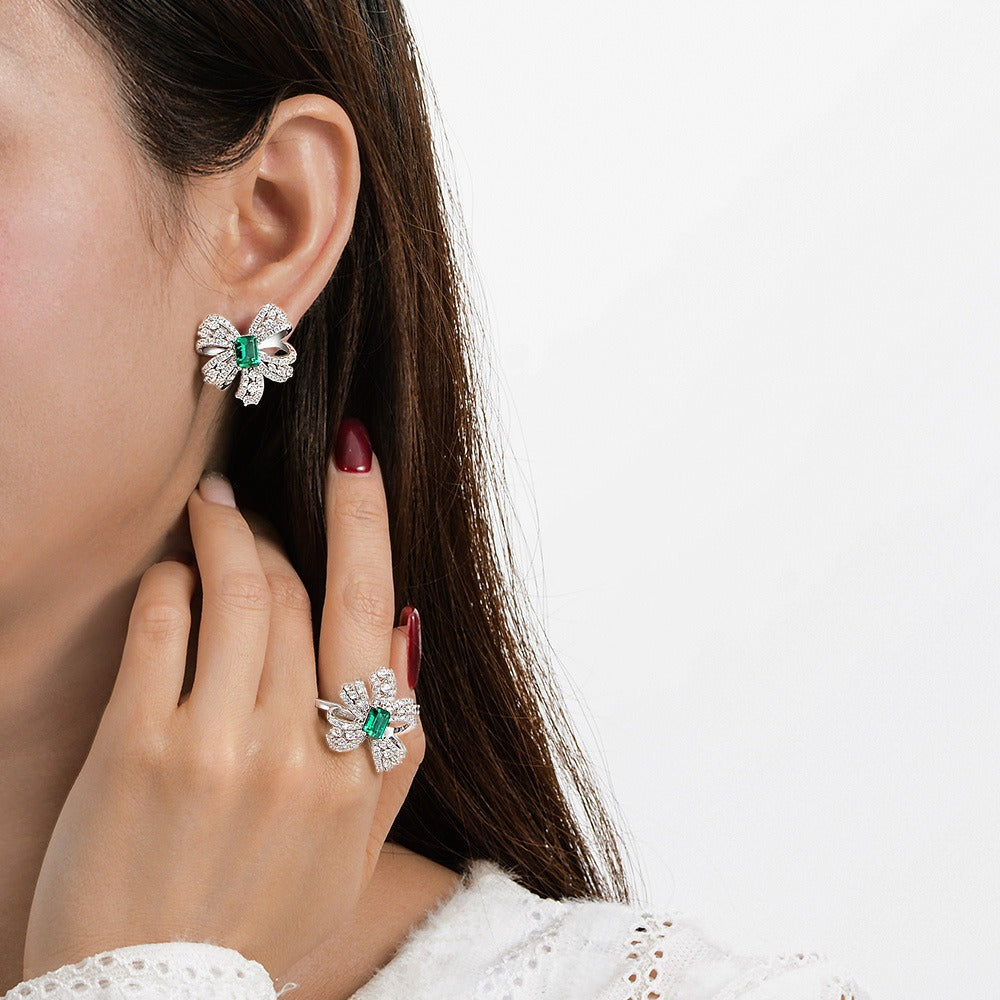 OliyaDesign 1Ct Zambian-Colored Lab-Grown Emerald 5*7Mm S925 Sterling Silver Butterfly Earrings