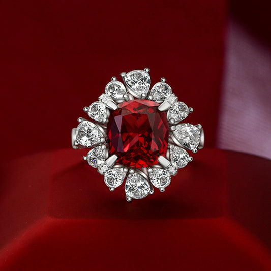 OliyaDesign 6-Carat Cultured Ruby Square Ring, 10*11 Cm, Fully Diamond-Encrusted, S925 Sterling Silver